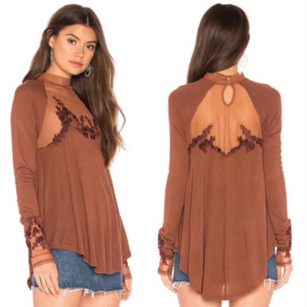 FREE PEOPLE SAHELI HIGH-NECK EMBROIDERED MESH TOP